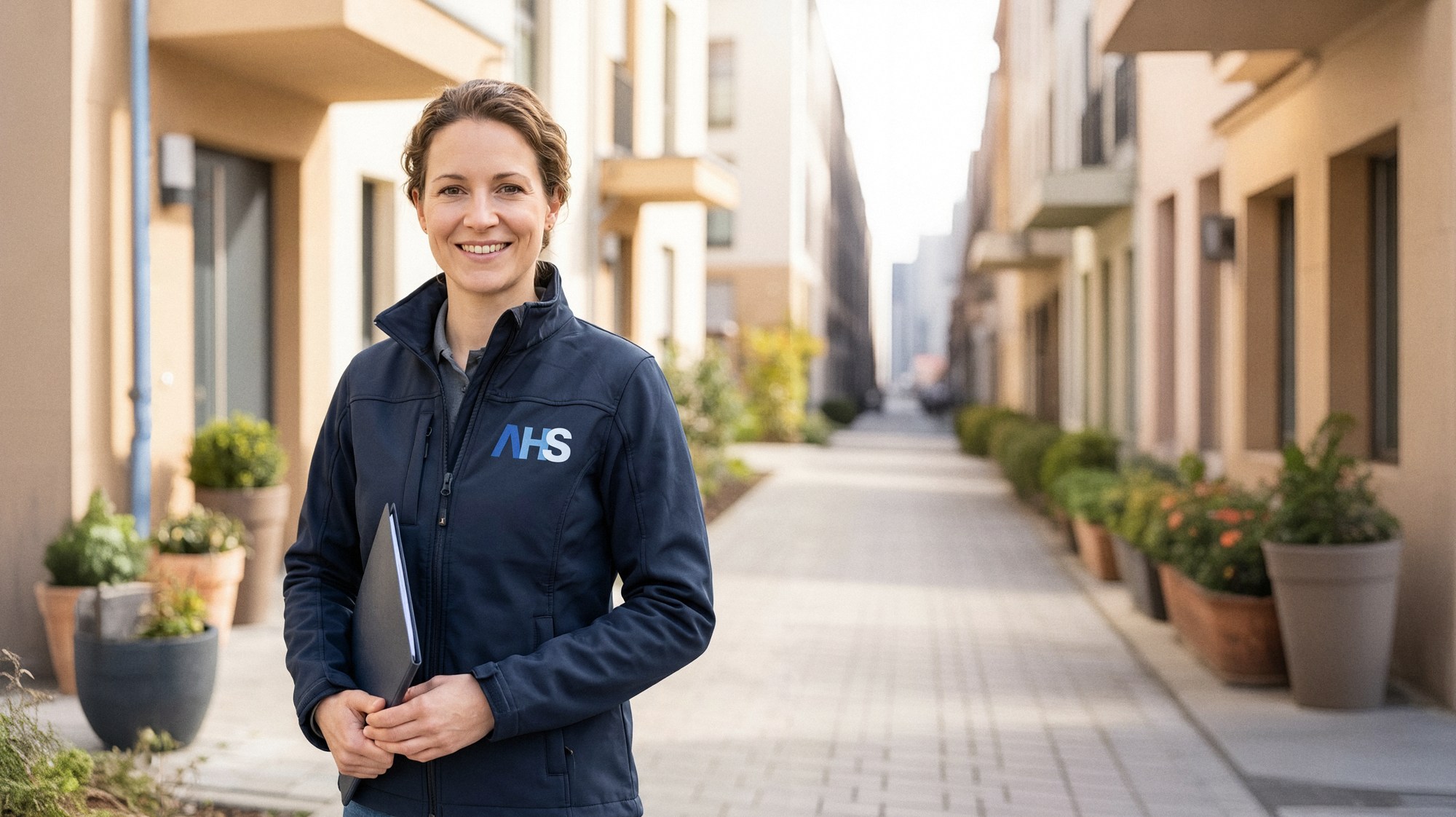 KI-generiertes Porträt einer Hausbegeherin in navyblauer Softshelljacke mit AHS-Kennzeichnung.